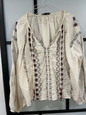 Zara Cream Peasant Tunic with Red & Black Embroidery